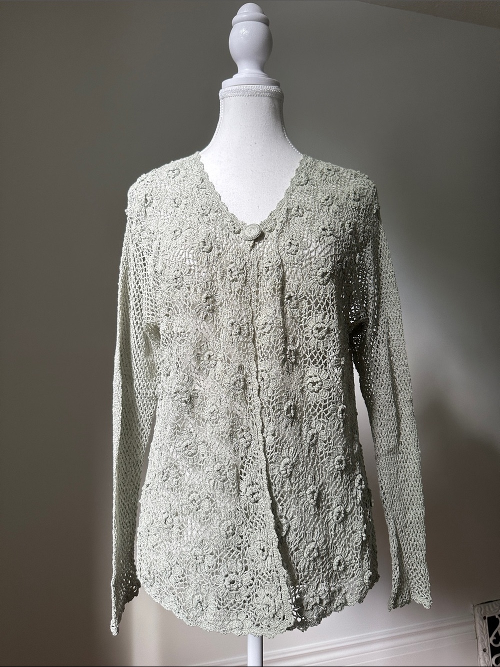 APRIL‎ CORNELL 100% Cotton Pale Green Floral Knit Cottage Boho Cardigan Medium